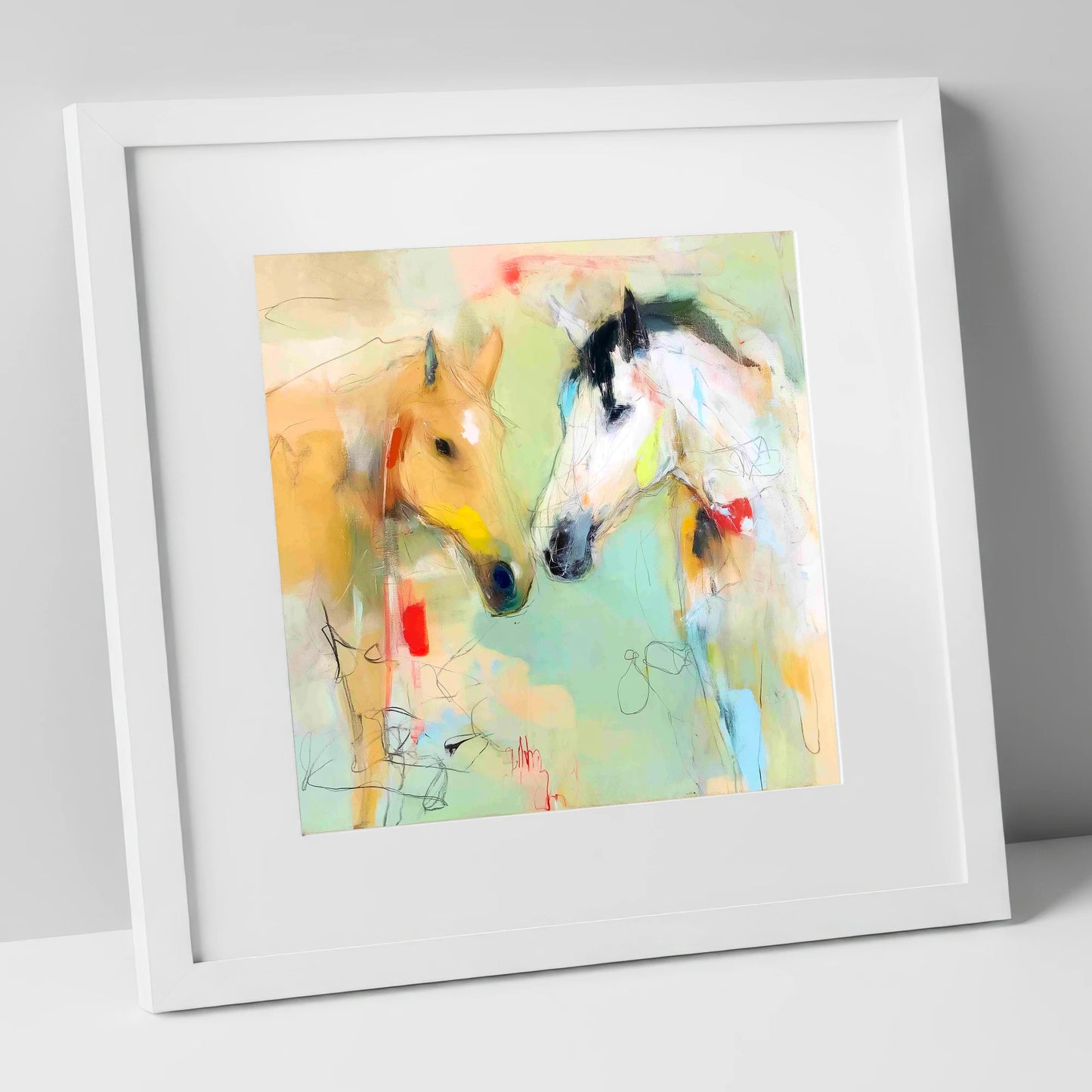 Whispered Secrets horse portrait art print in white frame
