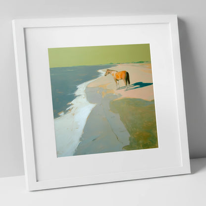 Shoreline Solitude horse landscape art print in white frame