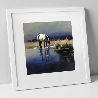 Indigo Reflections horse landscape art print in white frame