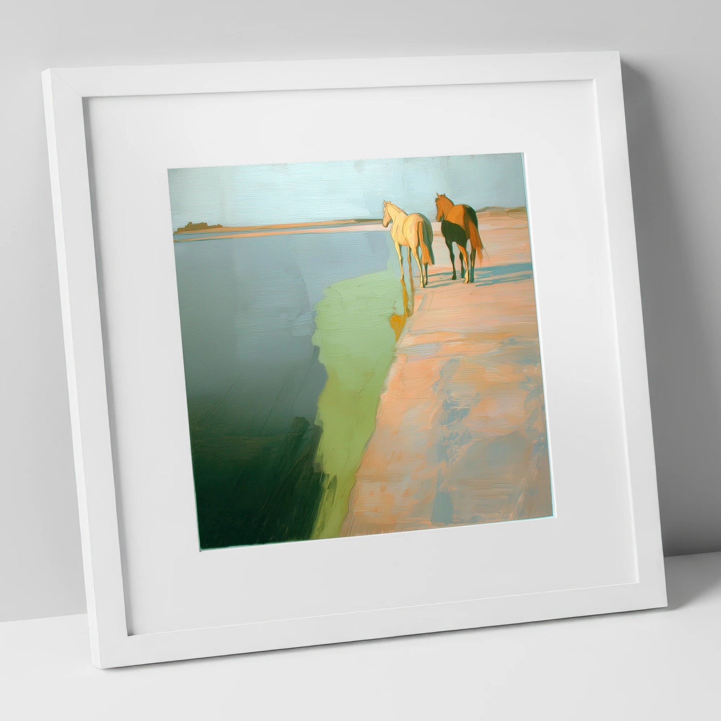 Shoreline Companions horse landscape art print in white frame