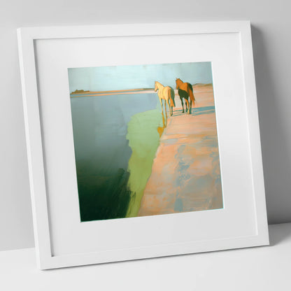 Shoreline Companions horse landscape art print in white frame