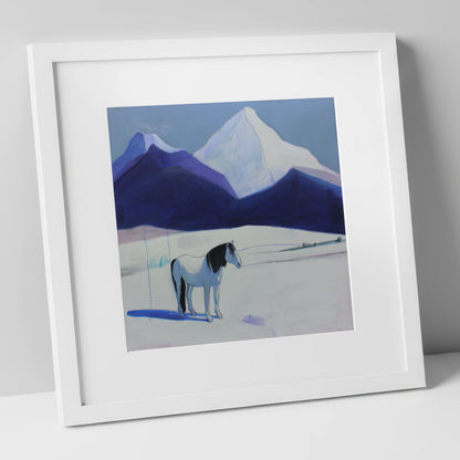 Alpine Silence horse landscape art print in white frame