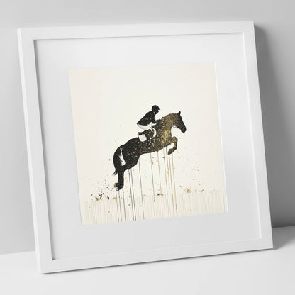 Suspended in Gold show jumping horse art print in white frame