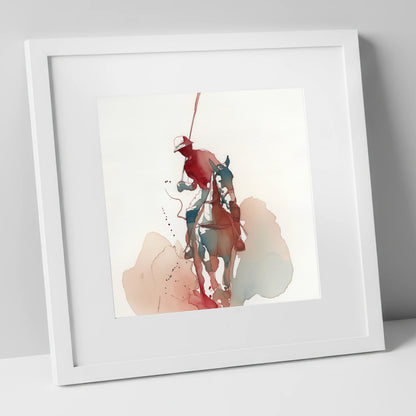 The Crimson Strike polo horse art print in white frame