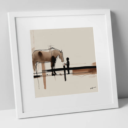 A Gentle Encounter horse & rider art print in white frame
