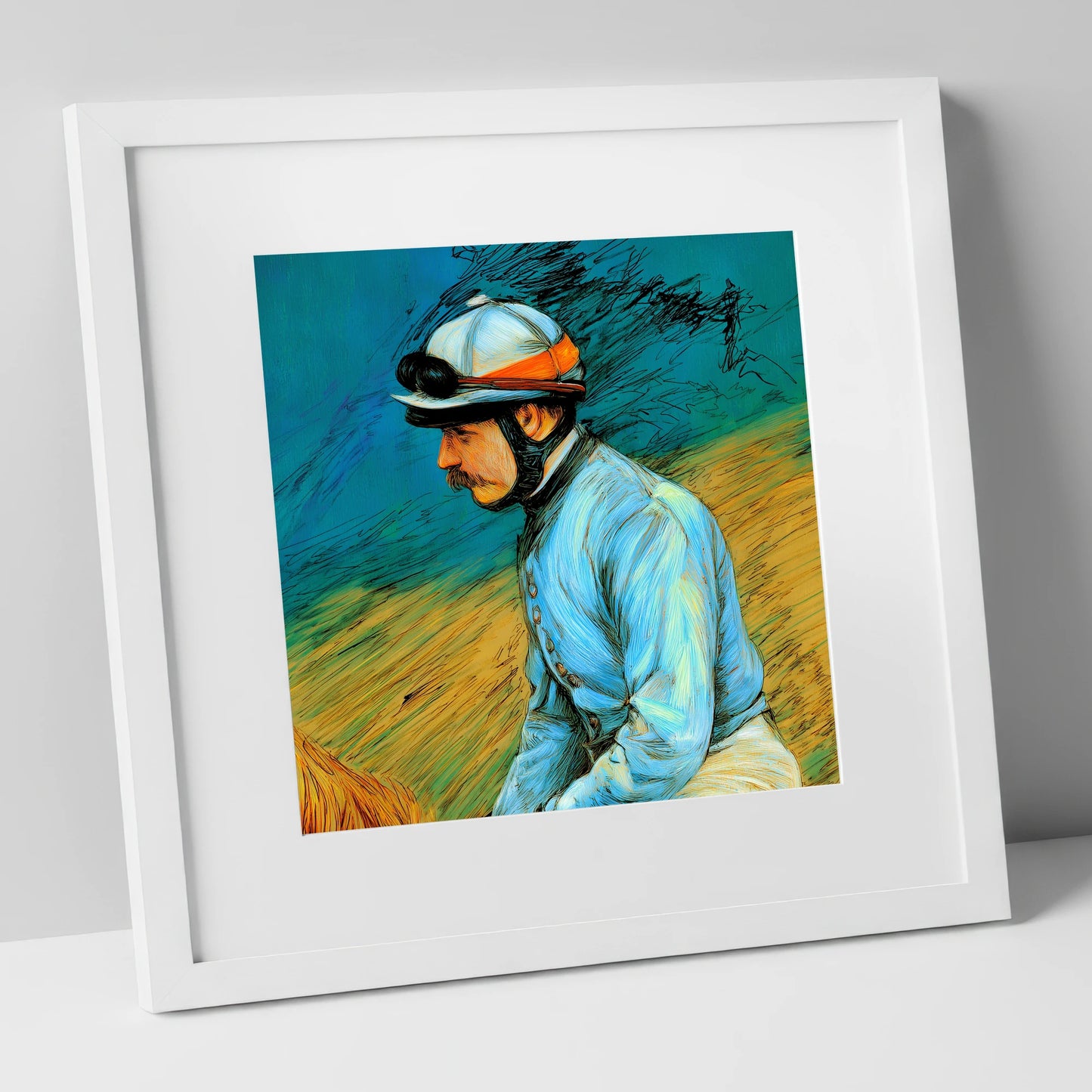 The Cerulean Silks racing horse art print in white frame