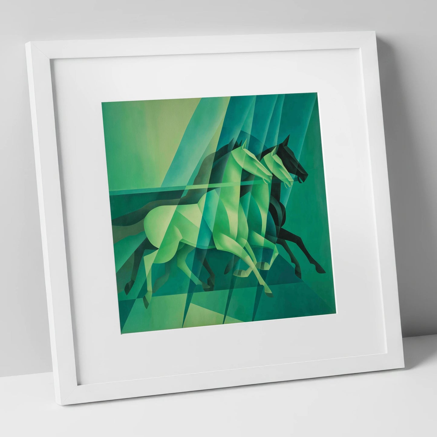 Emerald Rhythm racing horse art print in white frame