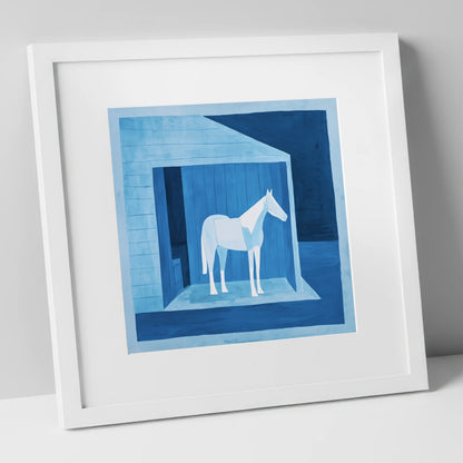 Azure Shelter horse stable art print in white frame