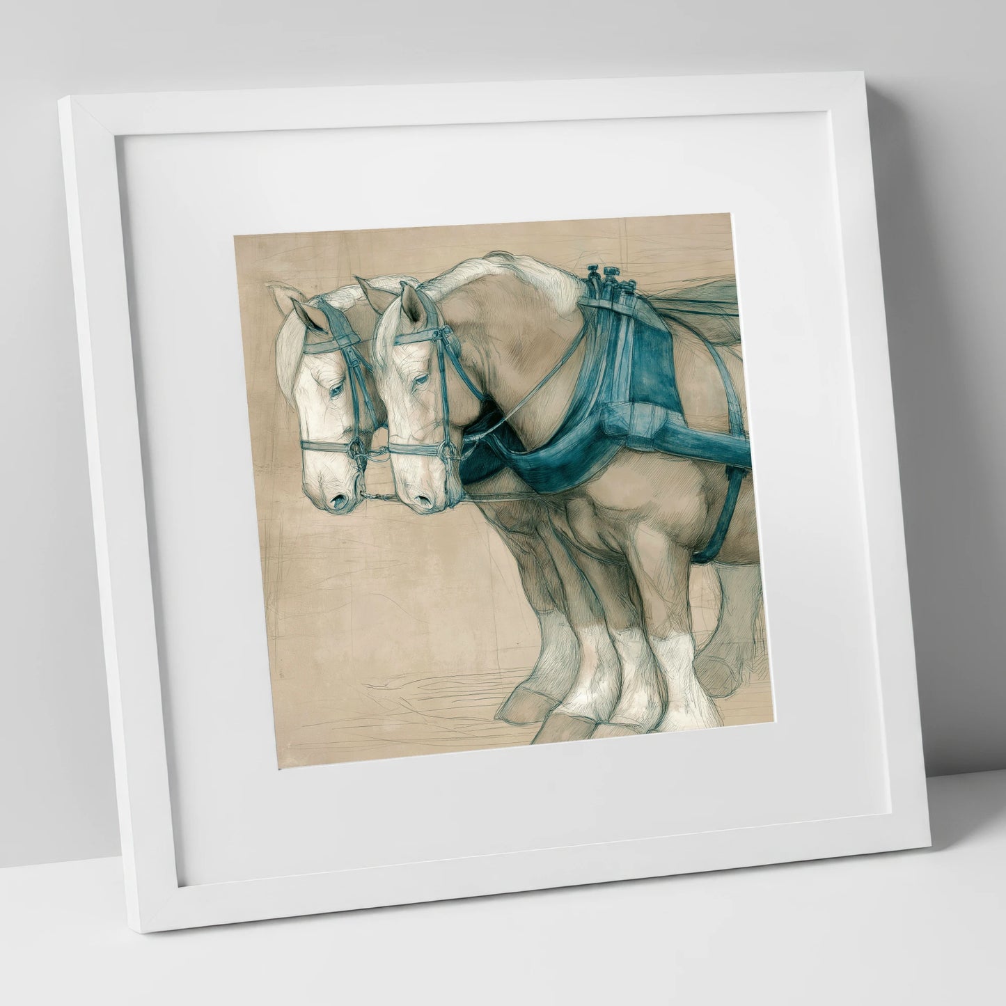Quiet Strength in Harness working horse art print in white frame