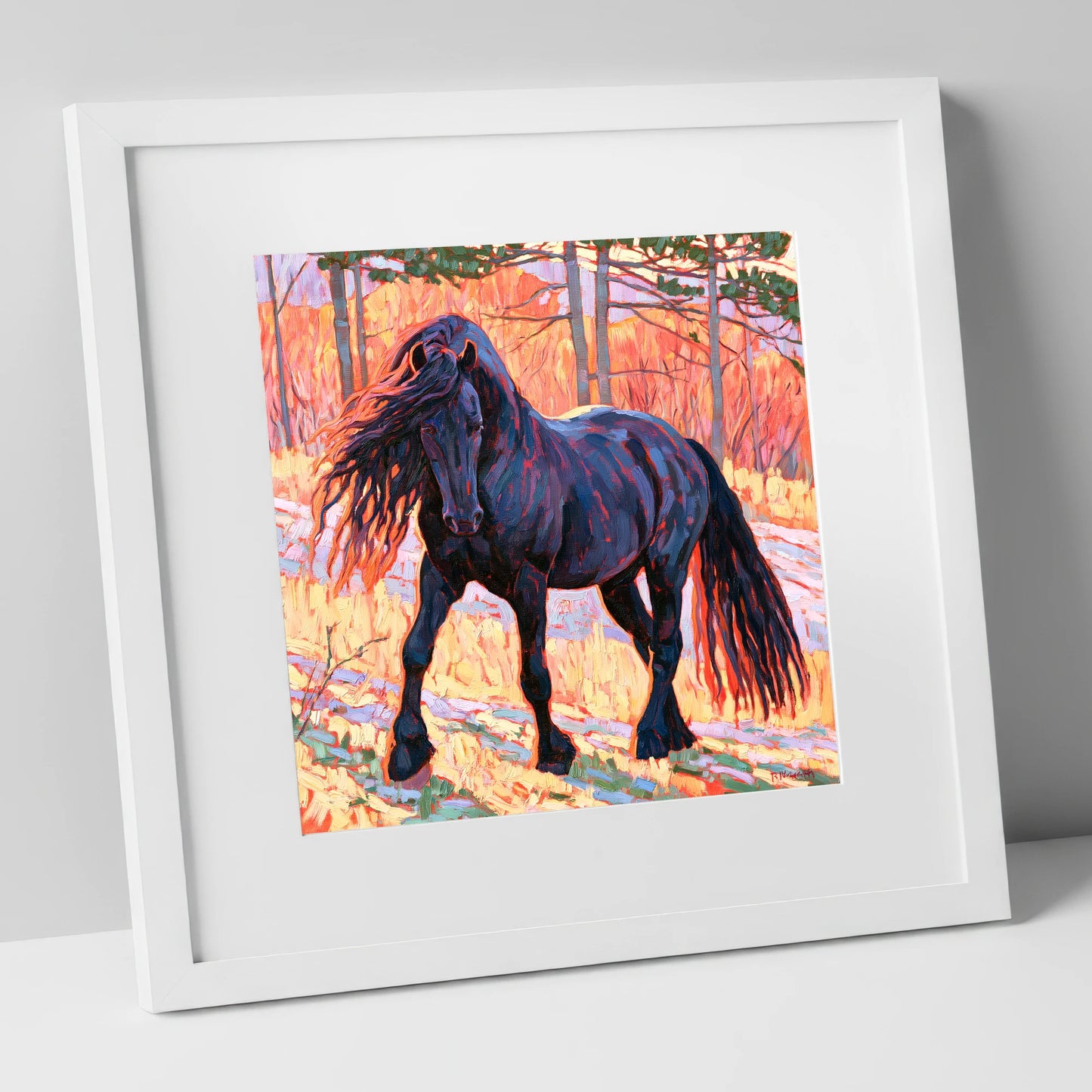 Vibrant Friesian in Sunset Woodland horse breed art print in white frame