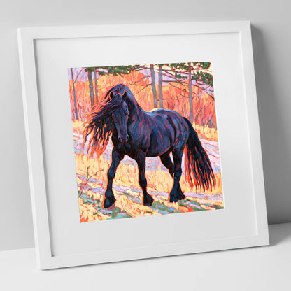 Vibrant Friesian in Sunset Woodland horse breed art print in white frame