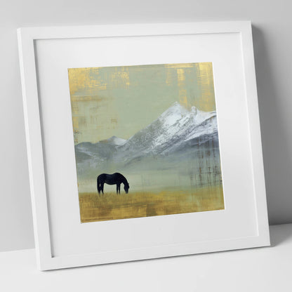 Gilded Mountain Solitude horse landscape art print in white frame