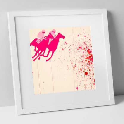 Vibrant Photo Finish racing horse art print in white frame