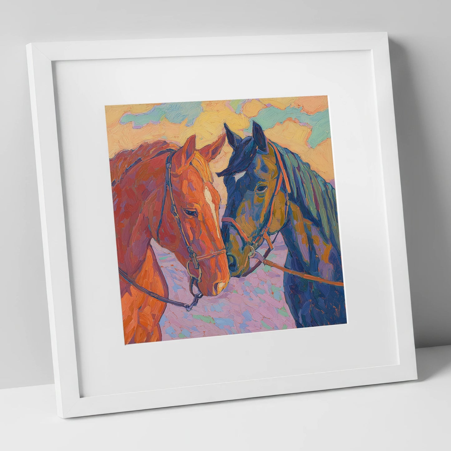 Vibrant Equine Bond horse portrait art print in white frame
