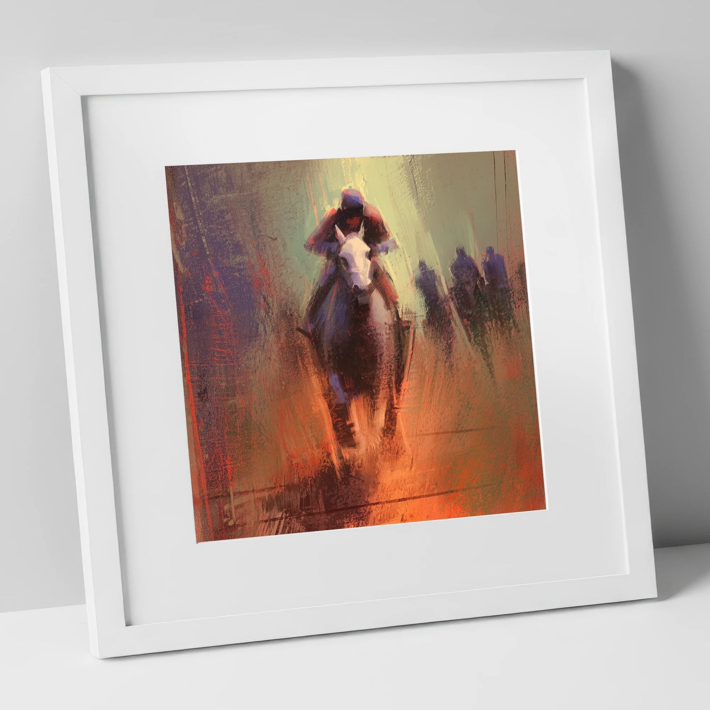 The Home Straight racing horse art print in white frame