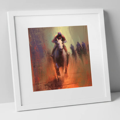 The Home Straight racing horse art print in white frame
