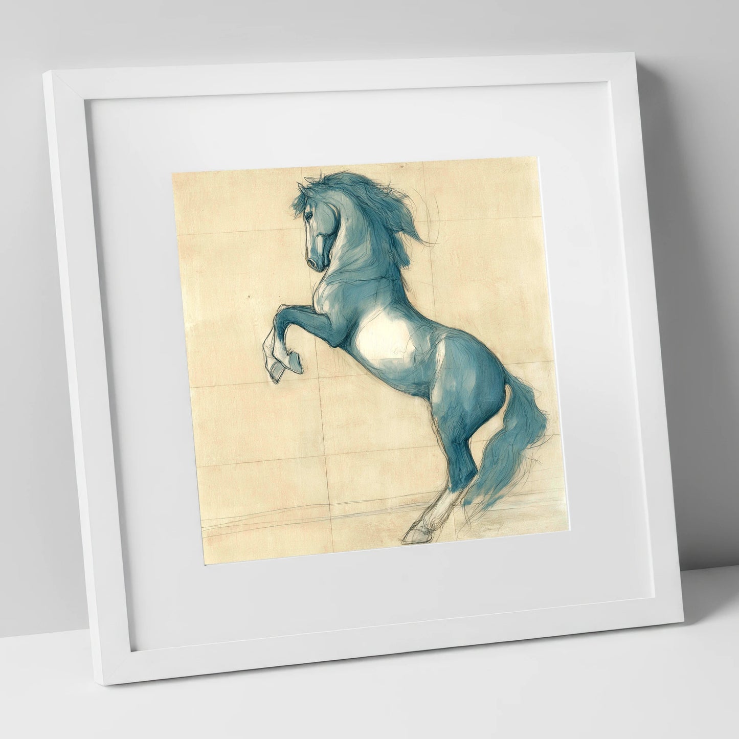 Azure Equine Study horse portrait art print in white frame