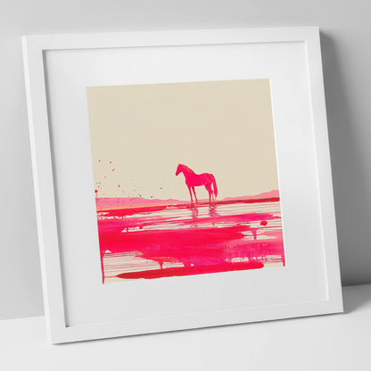 Magenta Horizon Reflection horse landscape art print in white frame