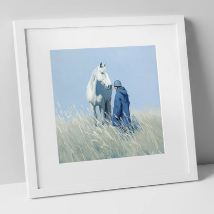 The Quiet Bond horse & rider art print in white frame