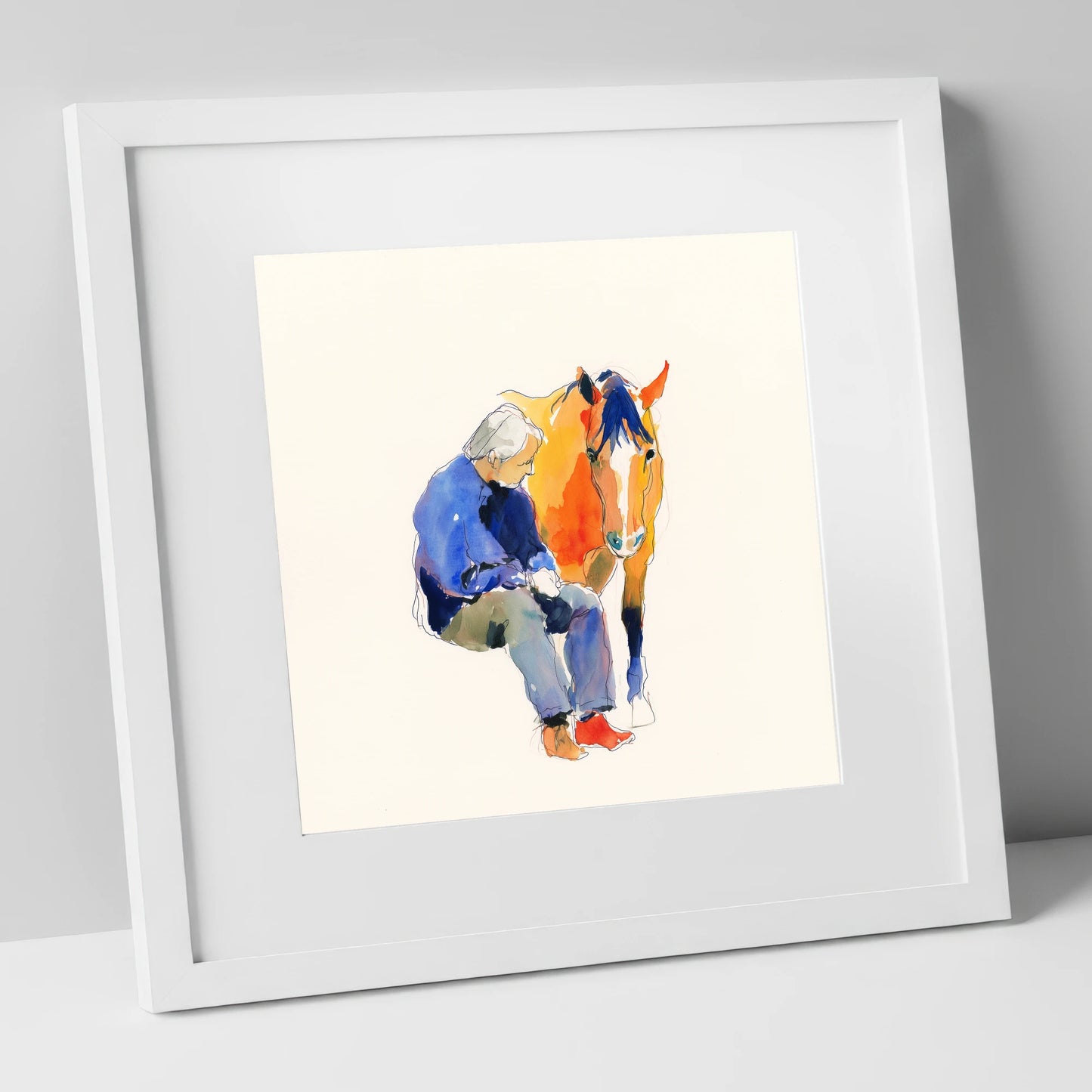 Shared Silence horse & rider art print in white frame