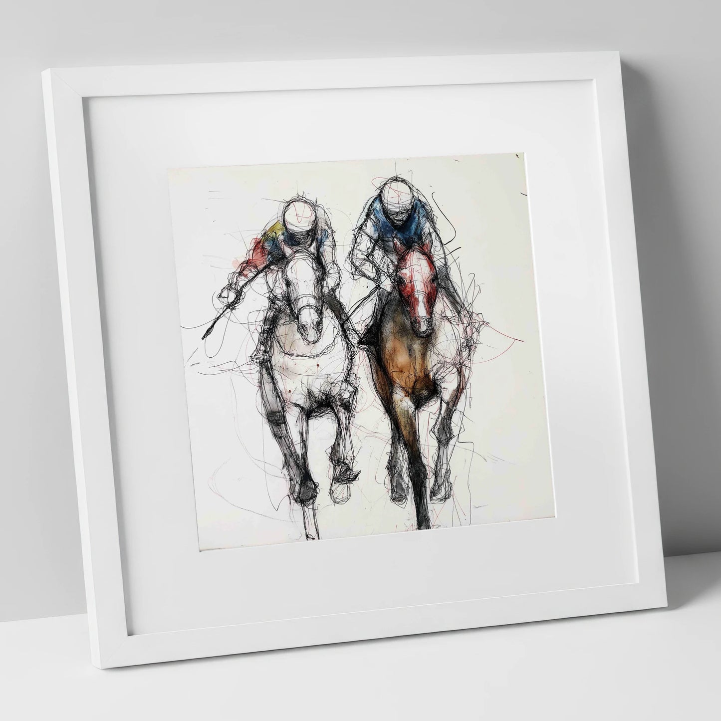 Neck and Neck racing horse art print in white frame
