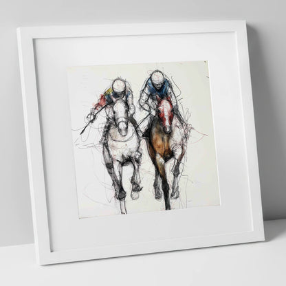 Neck and Neck racing horse art print in white frame