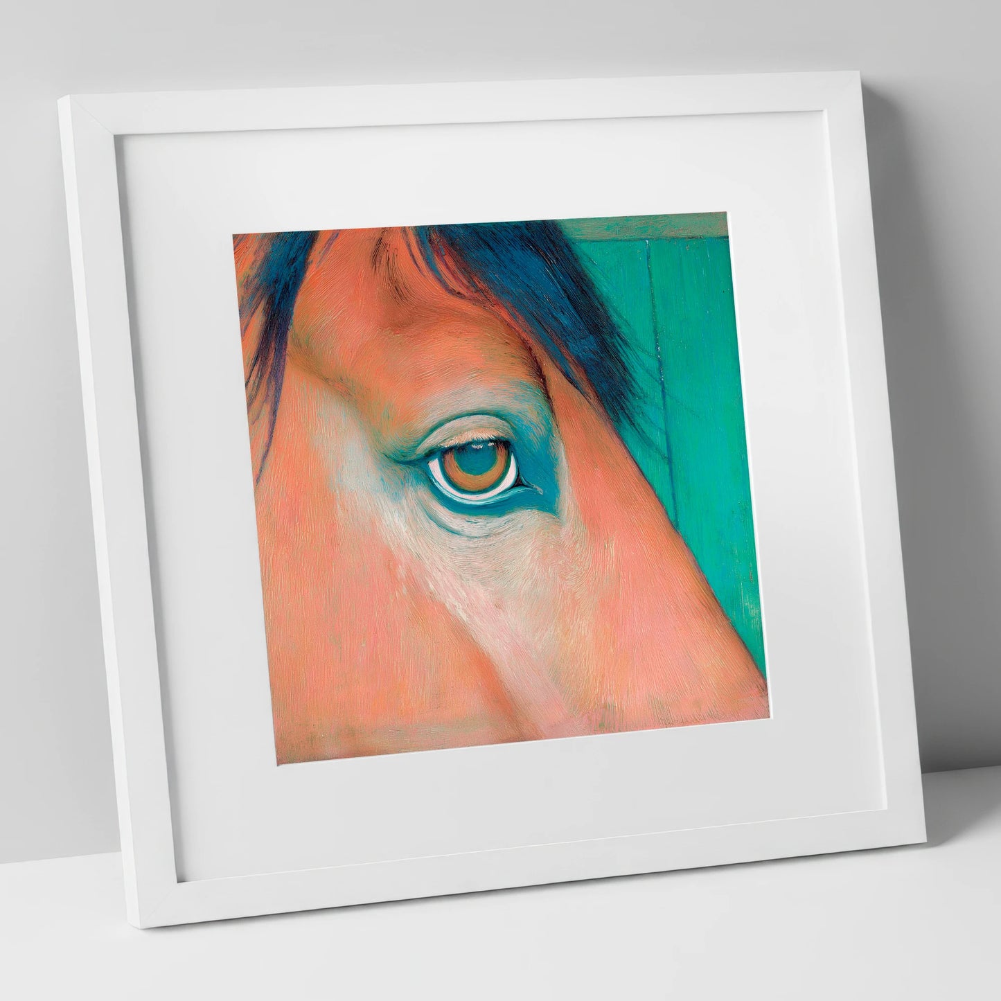 Soulful Emerald Gaze horse portrait art print in white frame