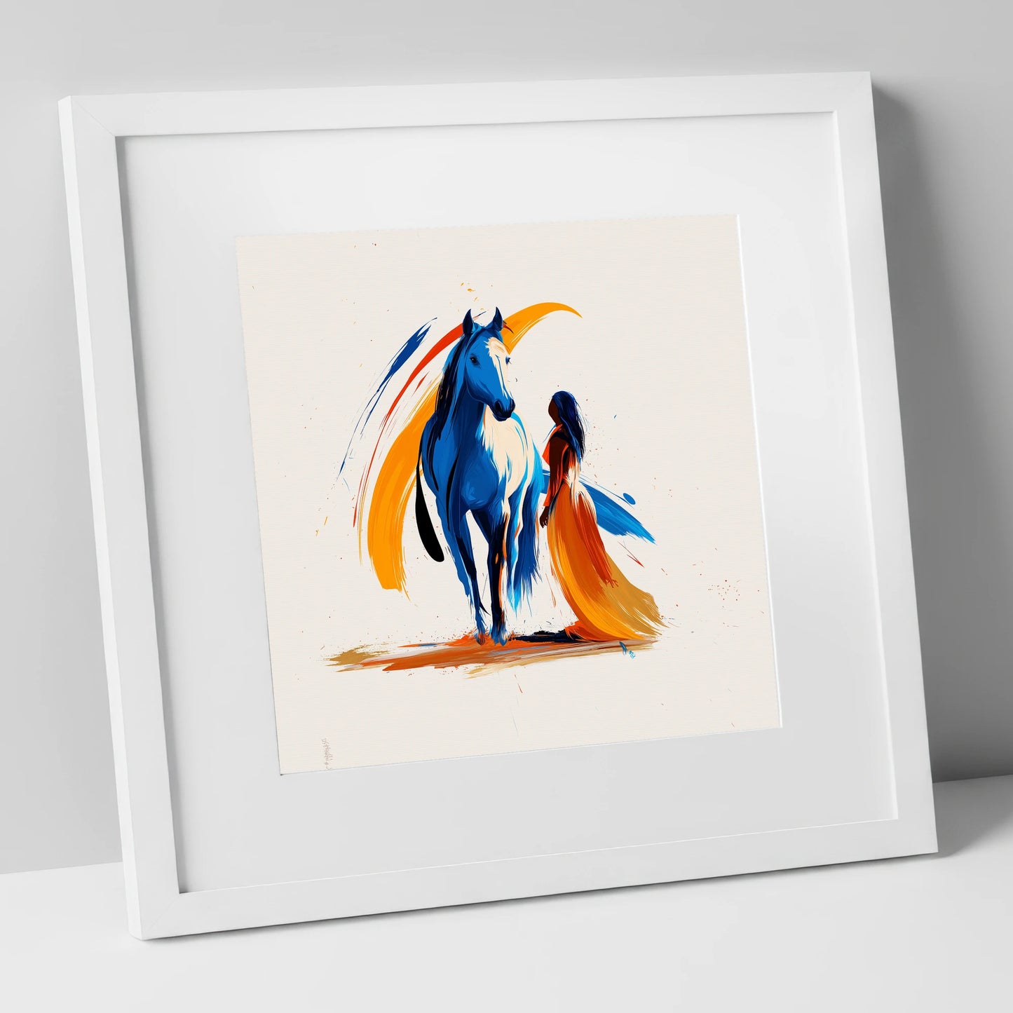 Azure and Amber Bond horse & rider art print in white frame