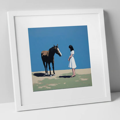 The Stillness Between Us horse & rider art print in white frame