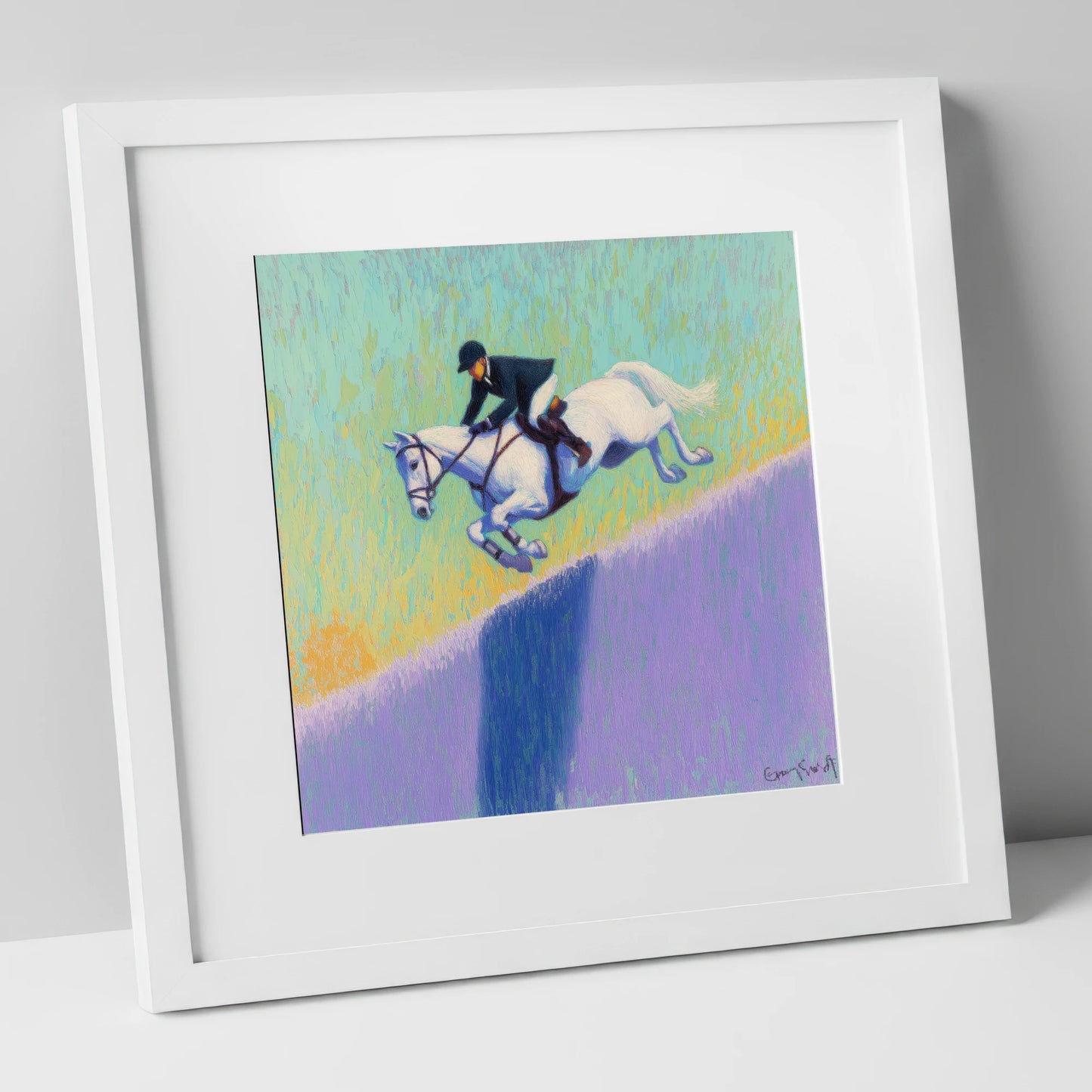 Flight Over Lavender show jumping horse art print in white frame