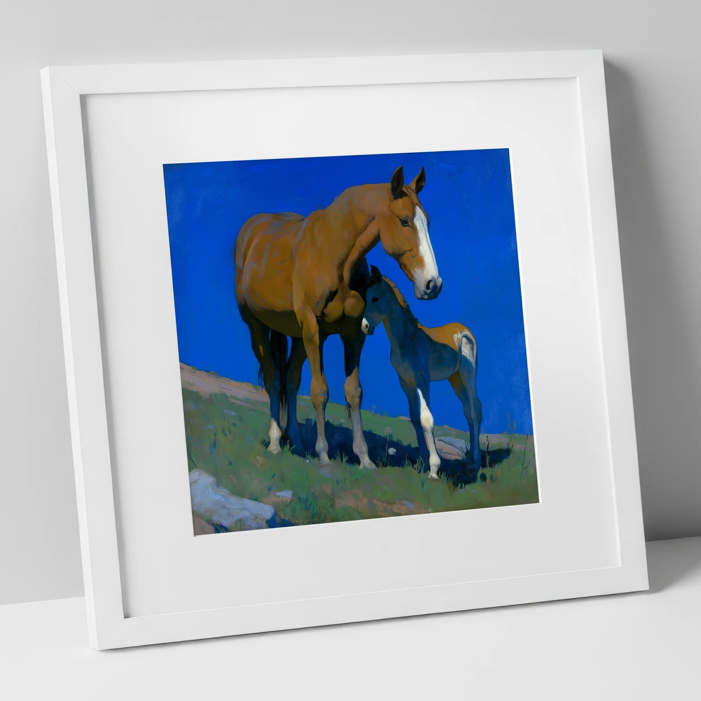 Under the Cobalt Sky mare & foal art print in white frame