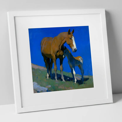 Under the Cobalt Sky mare & foal art print in white frame