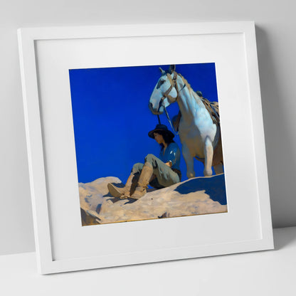 Beneath Azure Skies horse & rider art print in white frame