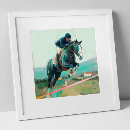 Midnight Flight show jumping horse art print in white frame