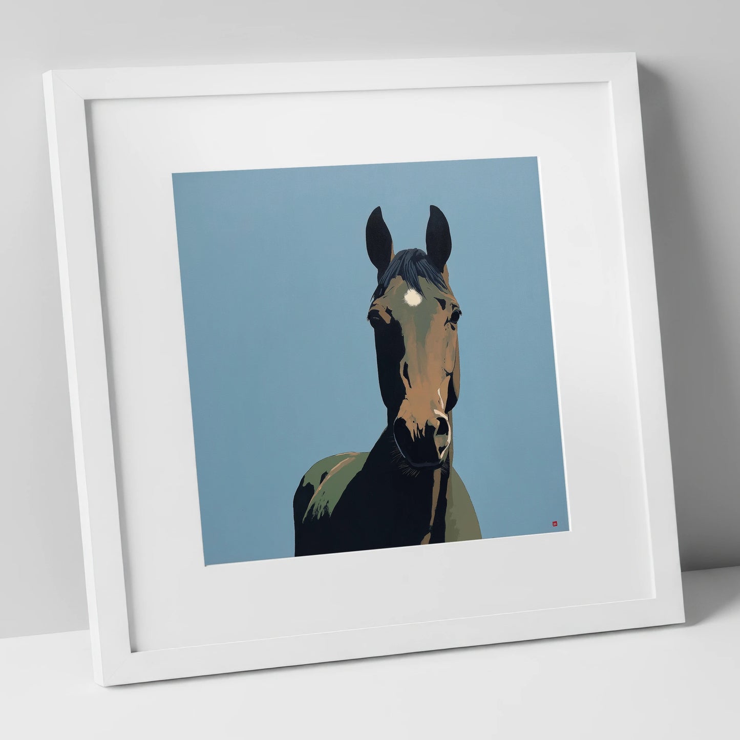 Bay Under Cerulean Sky horse portrait art print in white frame