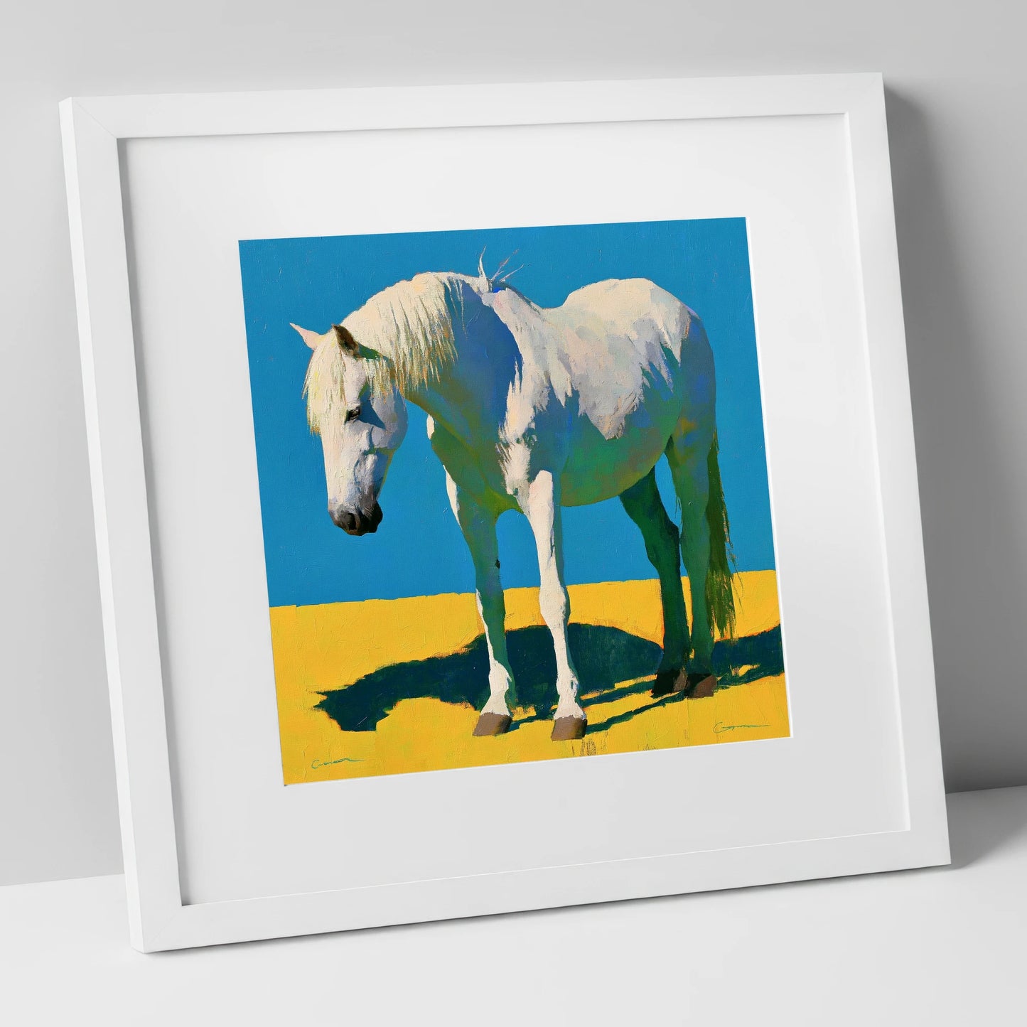 Sunlit Grey Horse Blue Sky horse breed art print in white frame