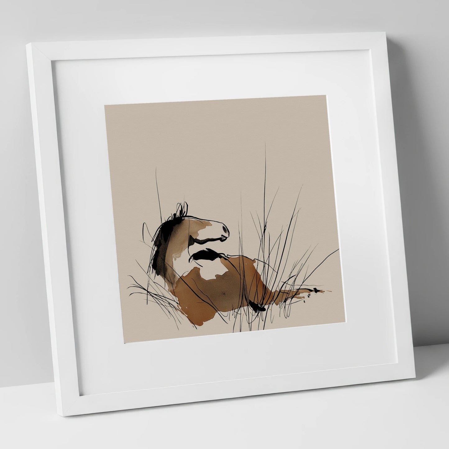 Alert in the Grass horse portrait art print in white frame