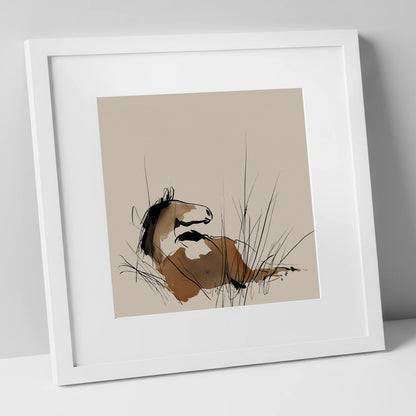 Alert in the Grass horse portrait art print in white frame