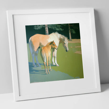 Quiet Pasture Shadows horse landscape art print in white frame