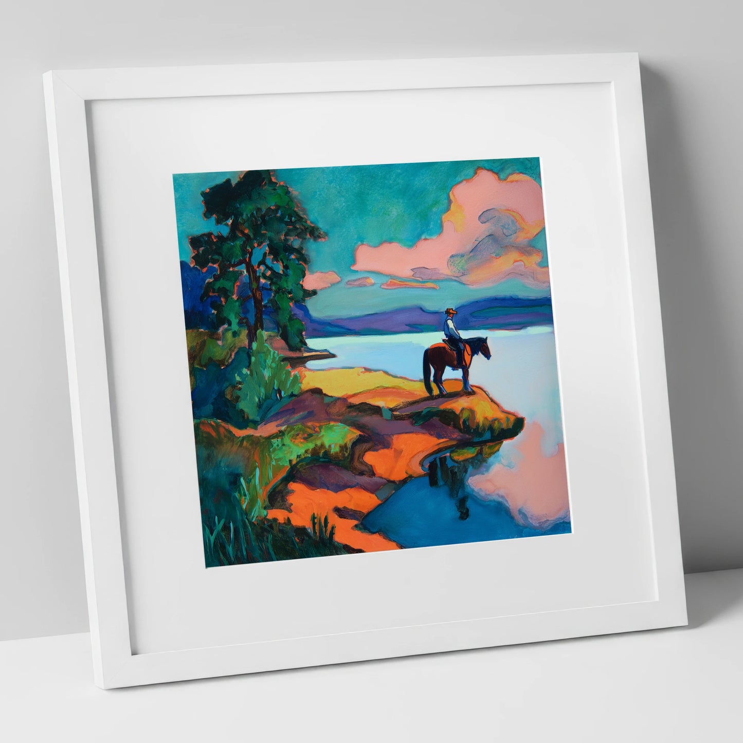 The Violet Shoreline beach horse art print in white frame