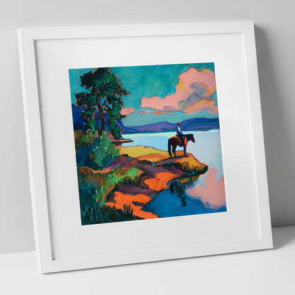 The Violet Shoreline beach horse art print in white frame