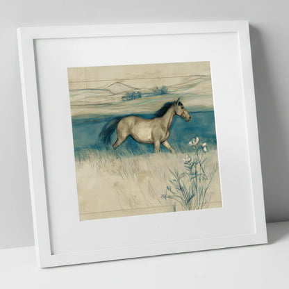 Teal Horizon Canter horse landscape art print in white frame