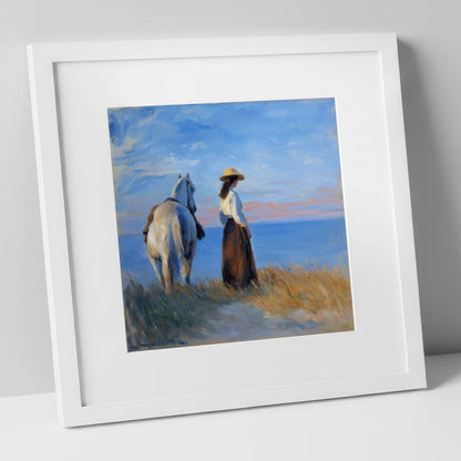 Contemplating the Horizon horse & rider art print in white frame