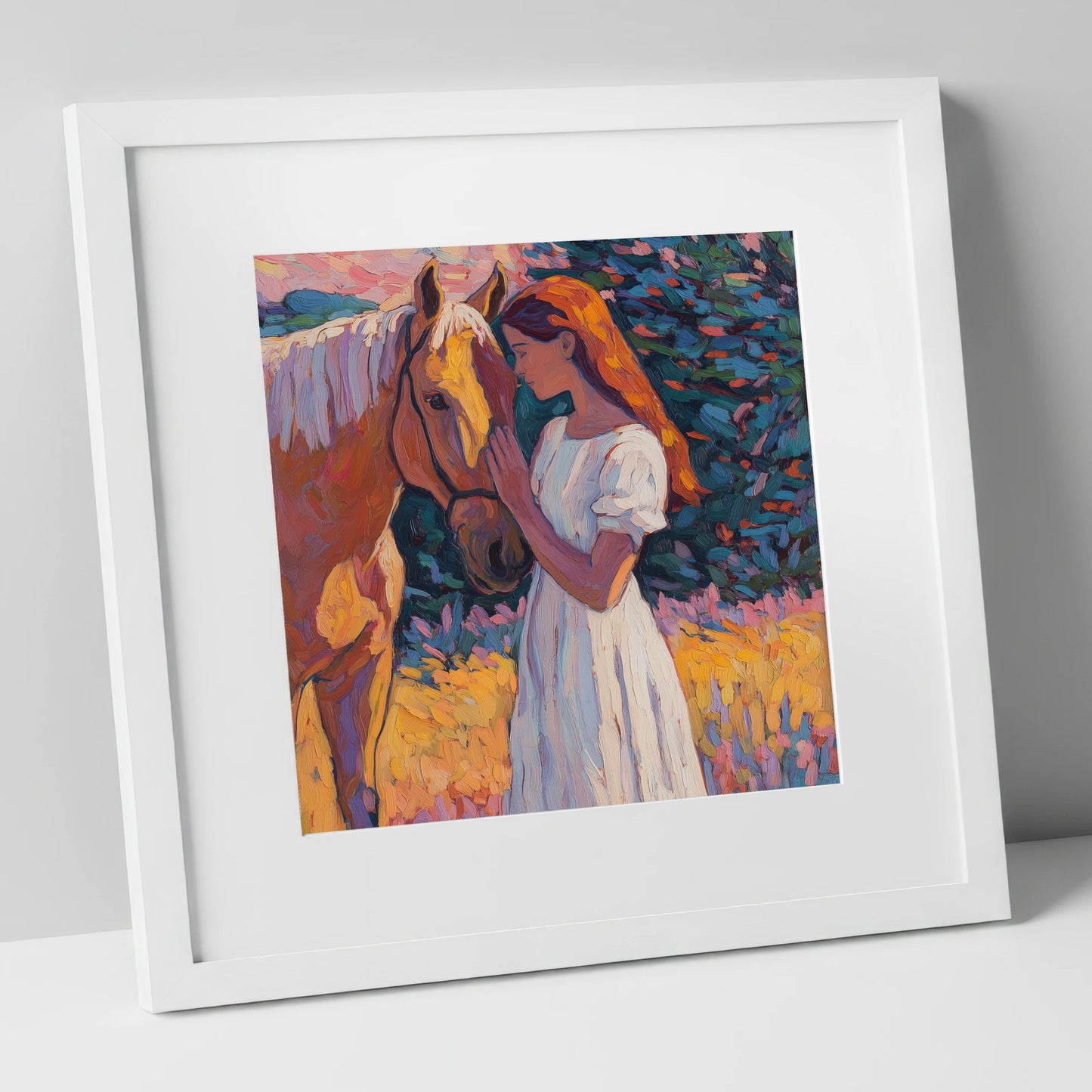 A Quiet Connection horse & rider art print in white frame