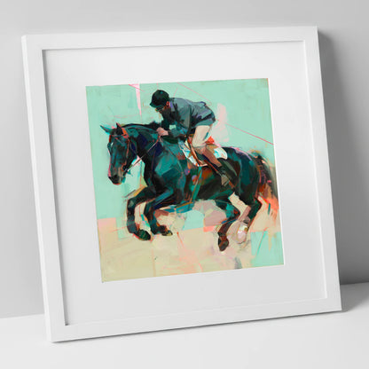 Modern Showjumper show jumping horse art print in white frame