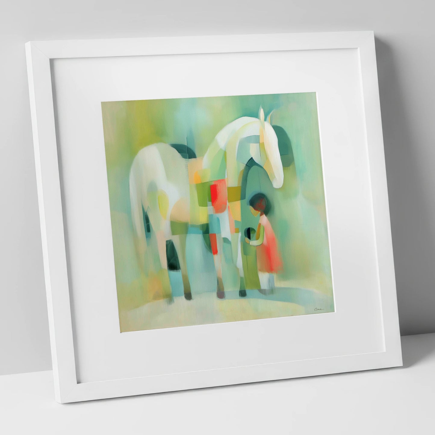 The Quiet Connection horse & rider art print in white frame