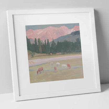 Alpenglow Pastures horse landscape art print in white frame
