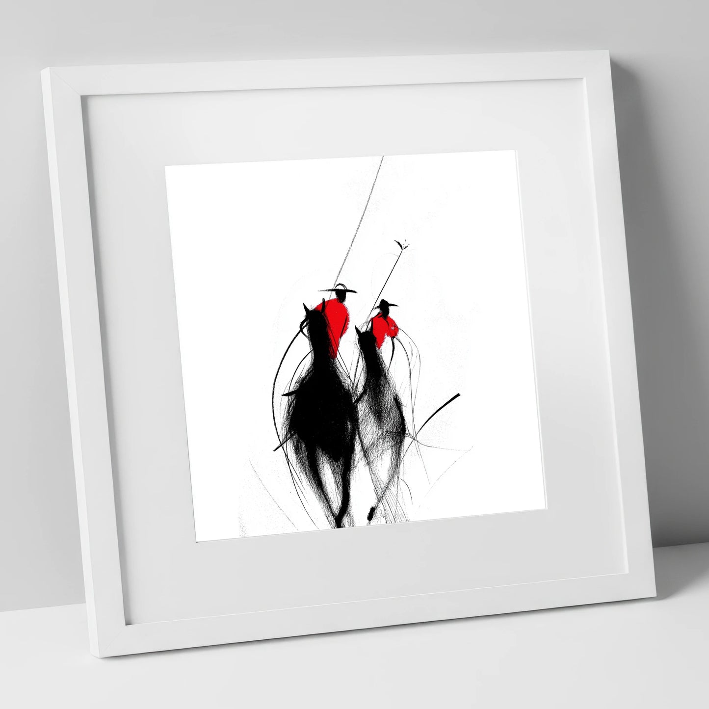The Crimson Chukka polo horse art print in white frame