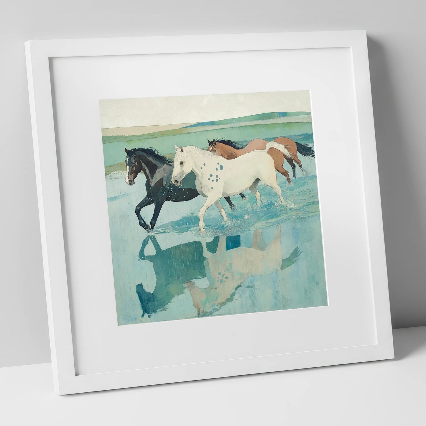 Tidal Canter wild horses art print in white frame