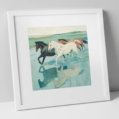 Tidal Canter wild horses art print in white frame